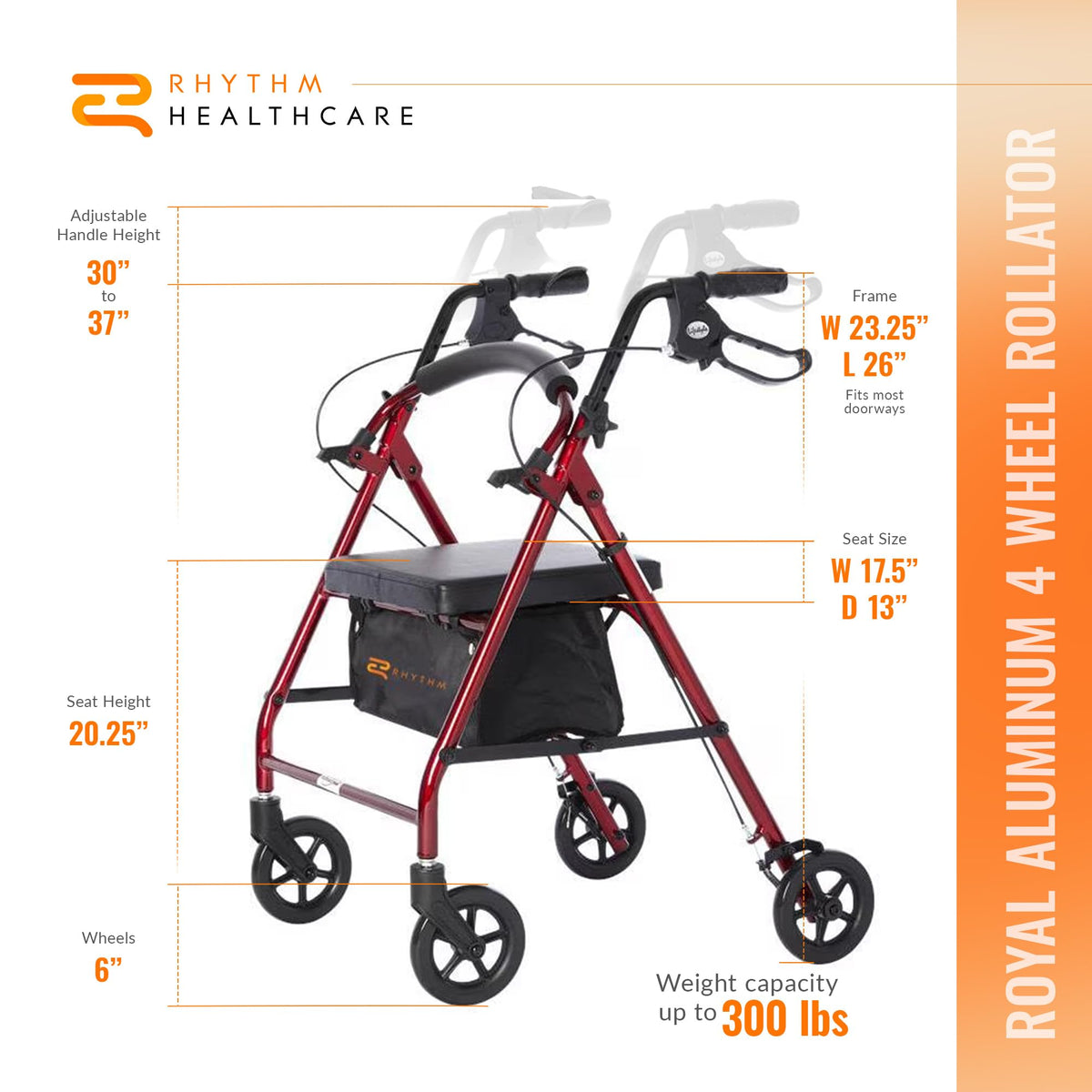 Red Aluminum 4 Wheel Rollator with Padded Seat D93820