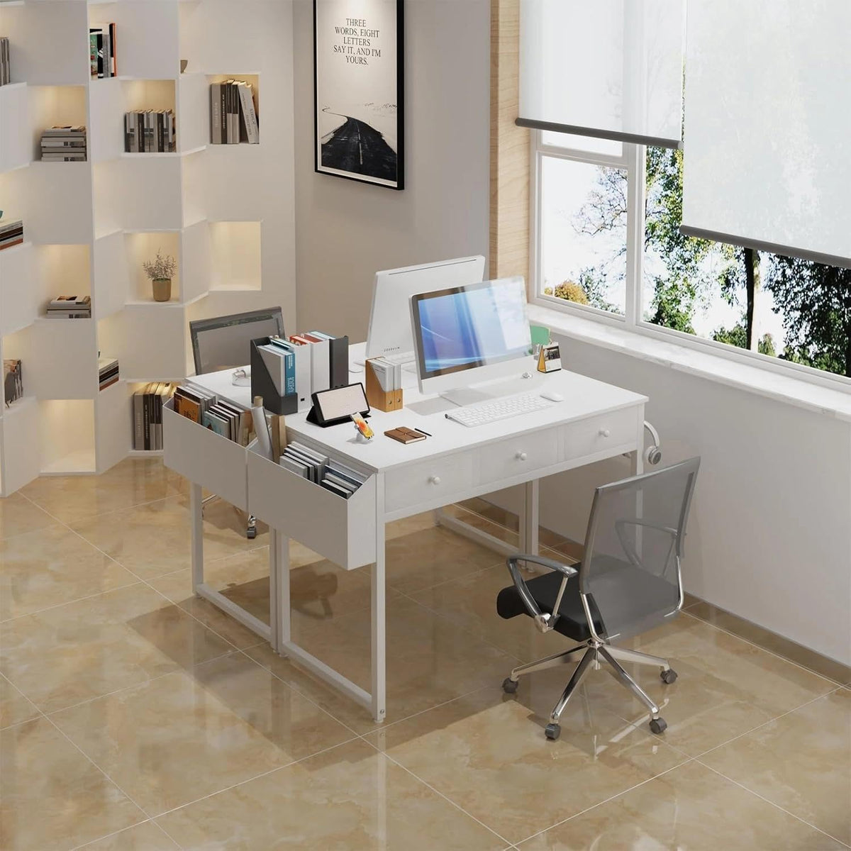 White 40 Inch Computer Desk with Drawers U690122