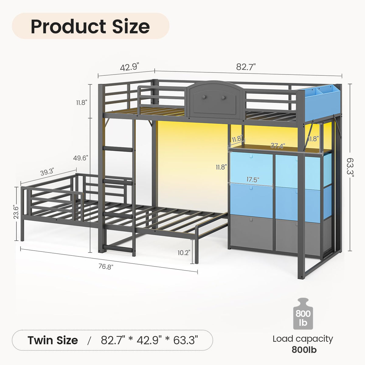 Twin Over Twin Metal Bunk Bed with 6 Storage Drawers S8084