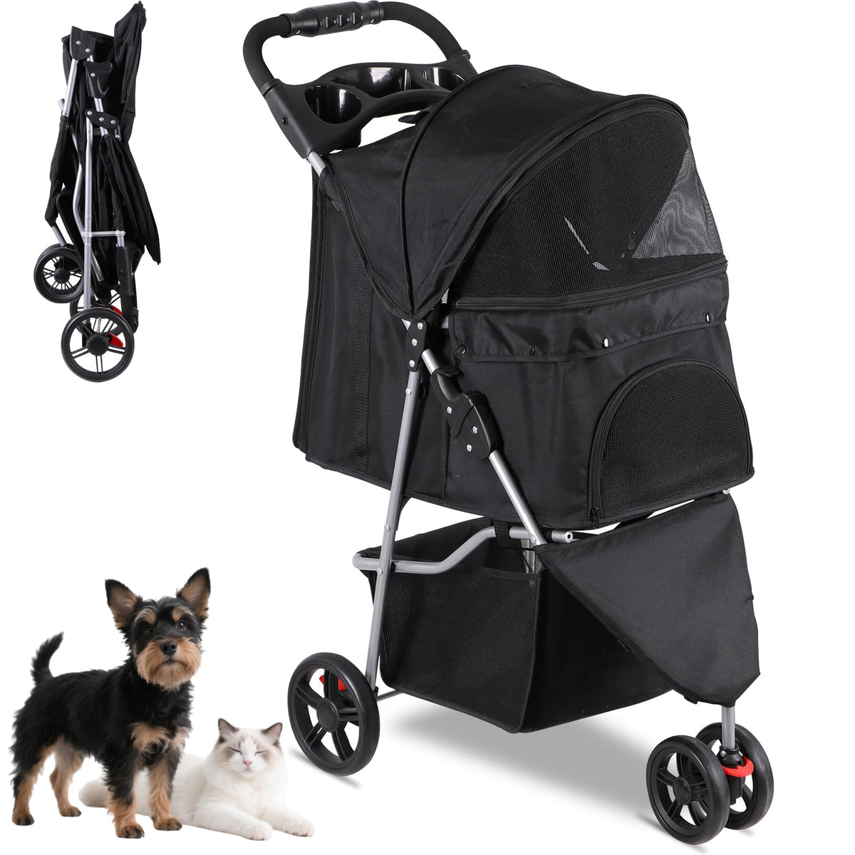 Foldable Pet Stroller with Weather Cover, Storage Basket and Cup Holder D31798