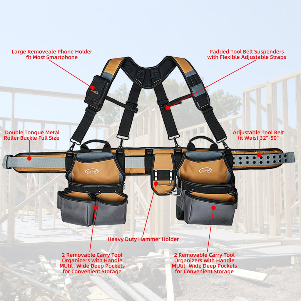 Khaki 28-Pocket Tool Belt and Suspenders U127