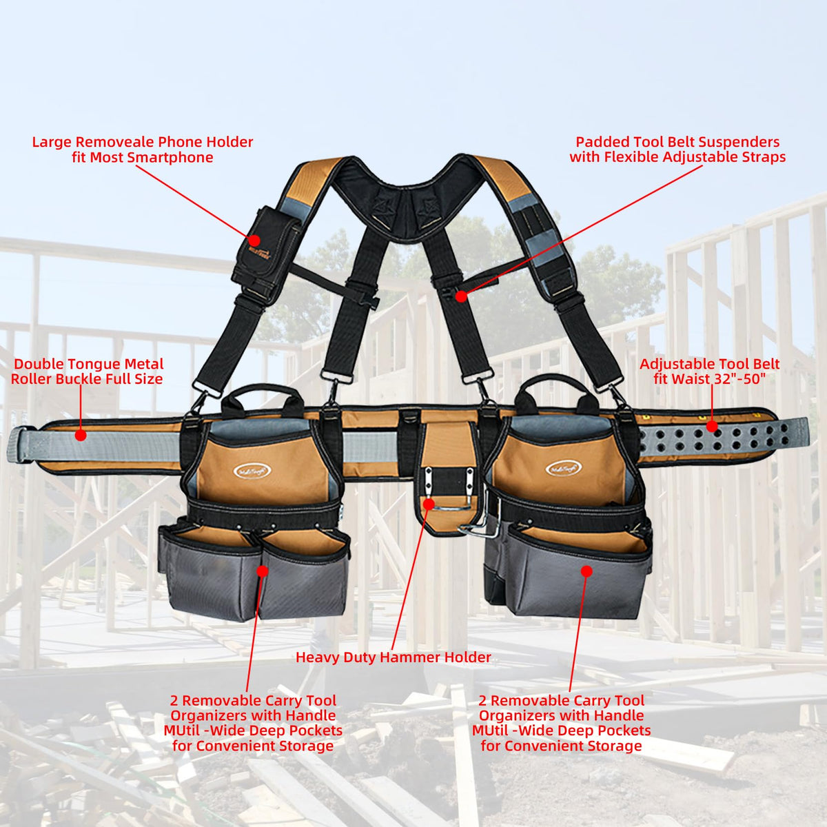 Khaki 28-Pocket Tool Belt and Suspenders U127