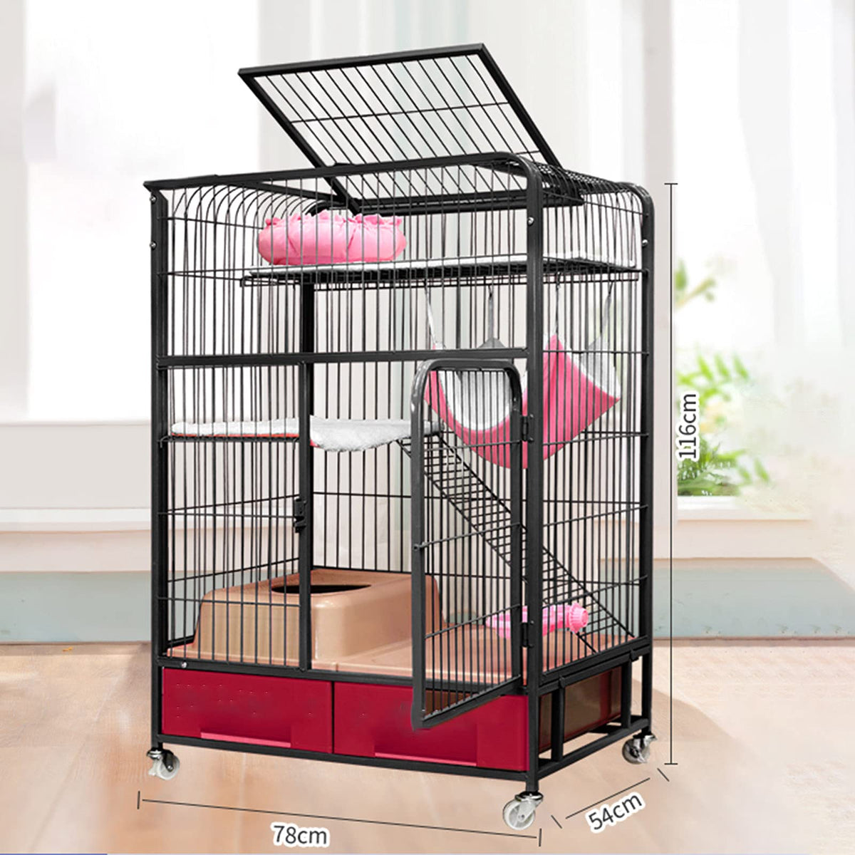 Heavy Duty Folding Metal Cat Cage Dog Crate with Four Wheels A95965