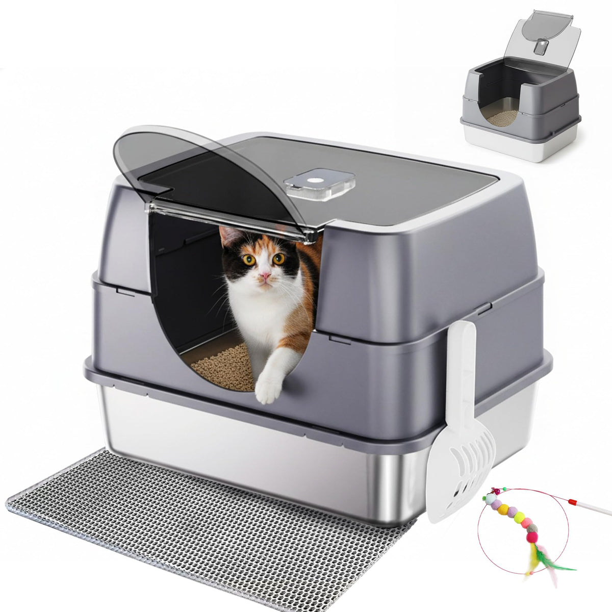 Stainless Steel Enclosed Cat Litter Box with Scoop & Mat X4190