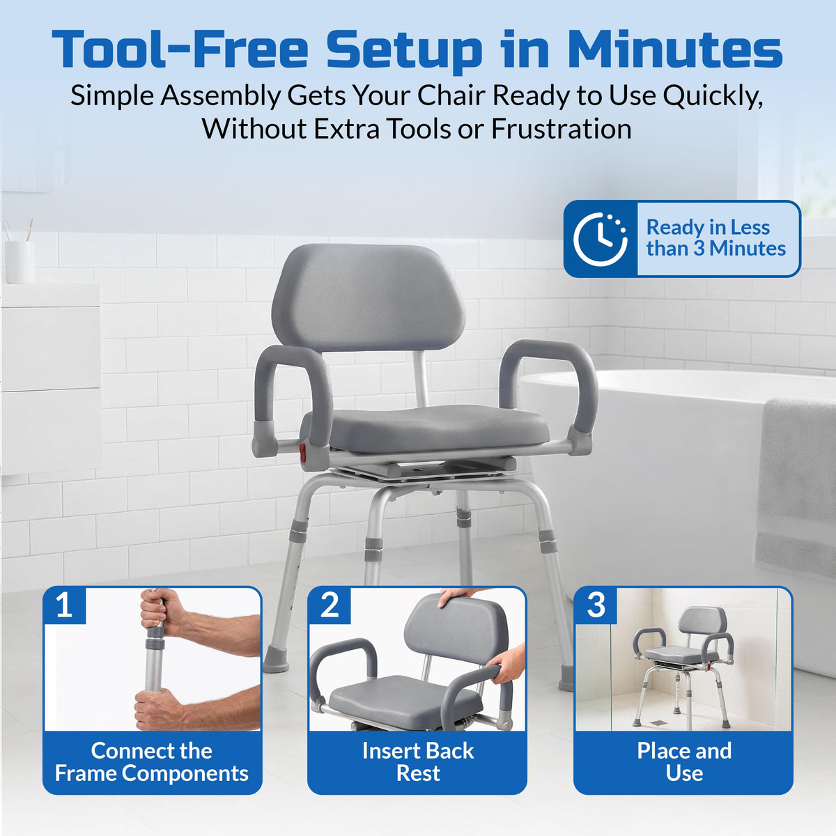 Gray Pivoting Shower Chair with Padded Back and Arms I87582
