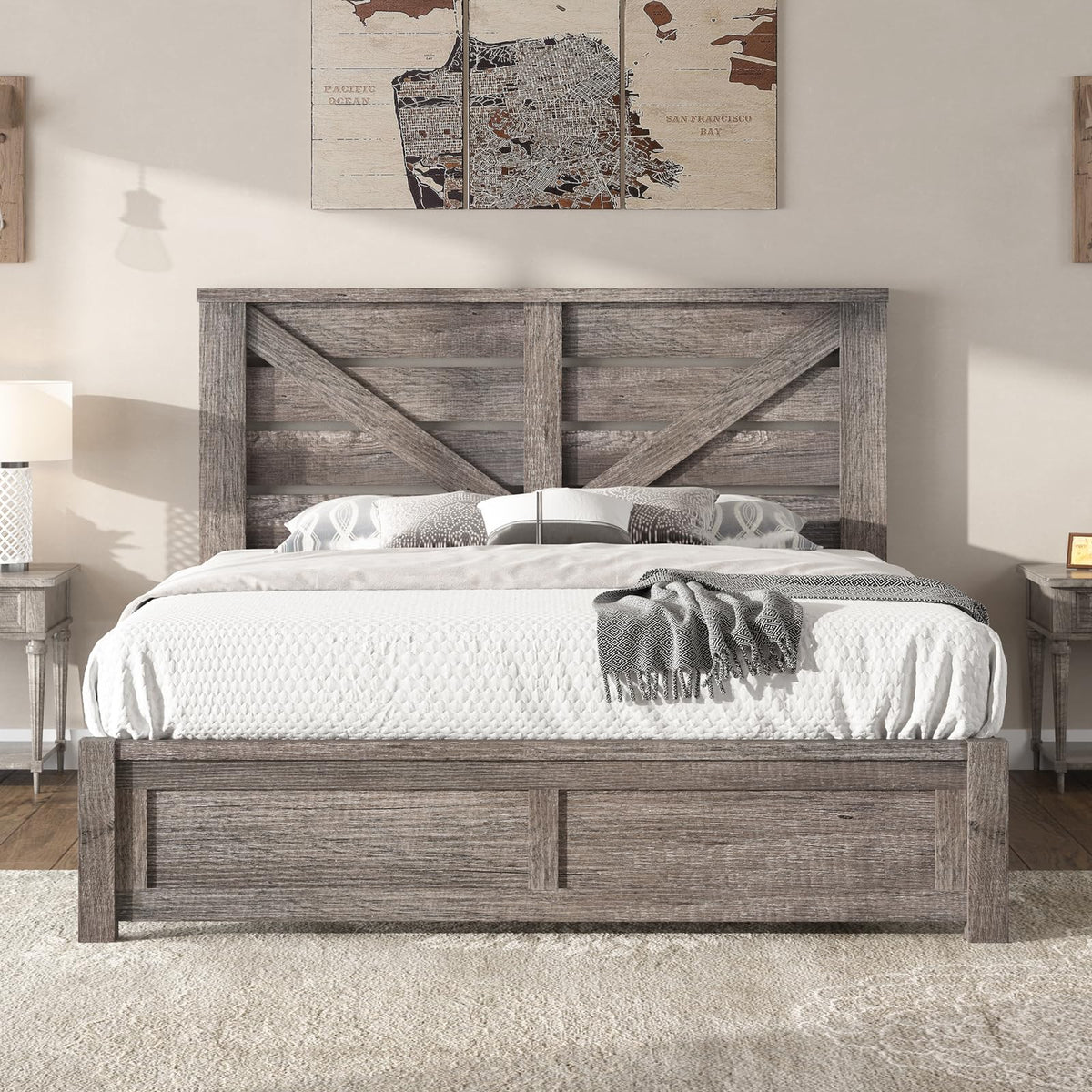Gray Full Size Bed Frame with Barn Door Headboard Z849863