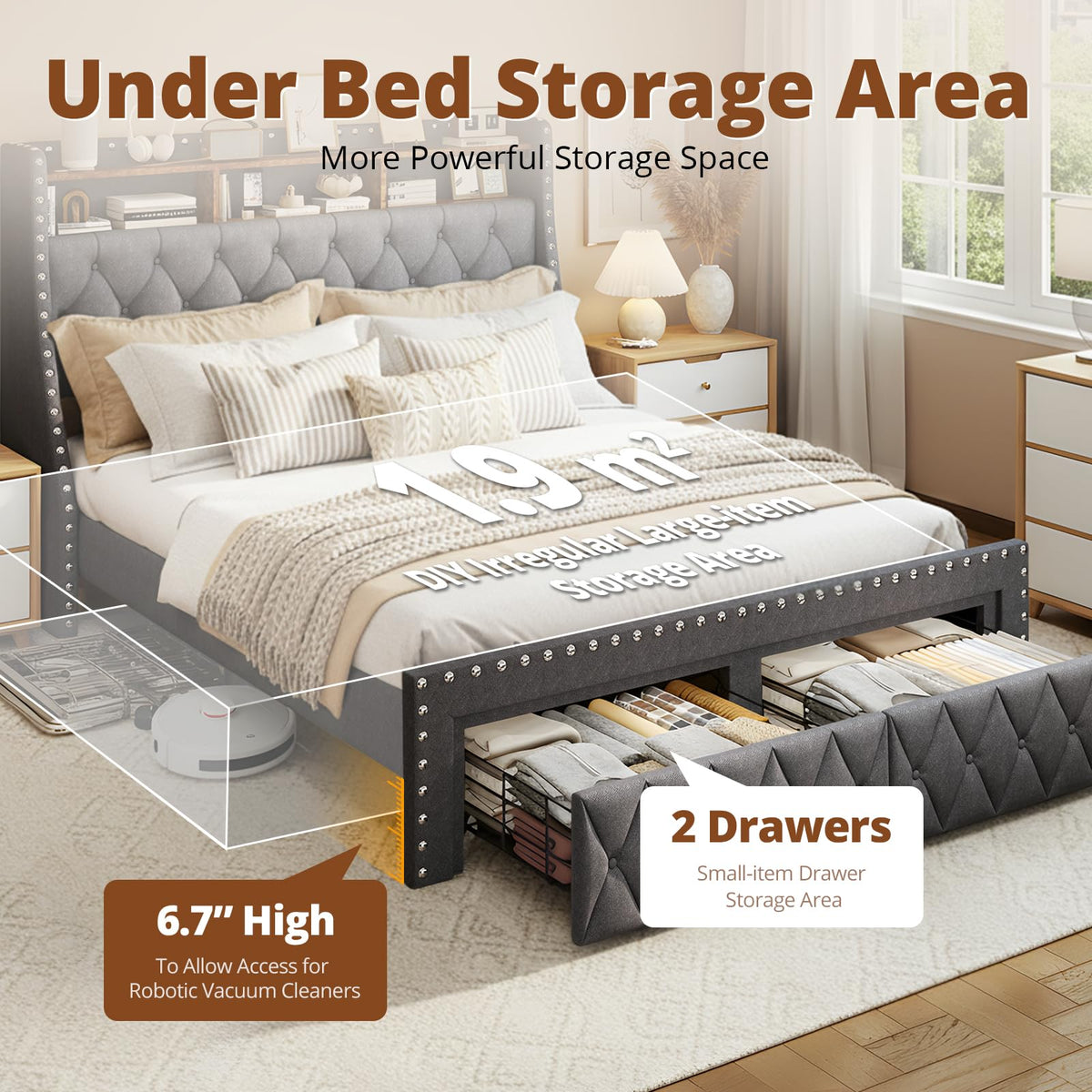 1000LBs Full Bed Frame with Hidden Storage, 2 Drawers and Charging Station Q46442