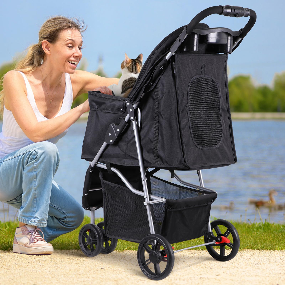 Foldable Pet Stroller with Weather Cover, Storage Basket and Cup Holder D31798