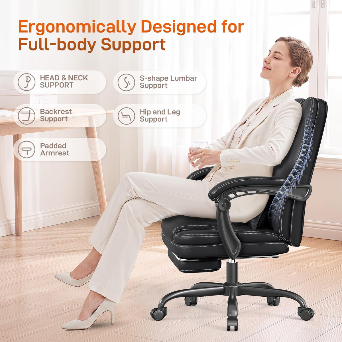 Black Ergonomic Office Chair with Foot Rest J276