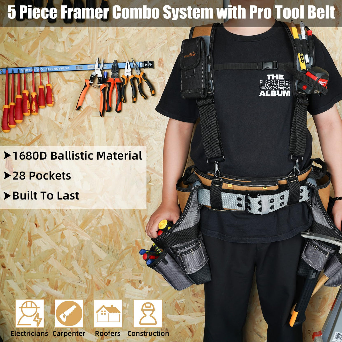 Khaki 28-Pocket Tool Belt and Suspenders U127
