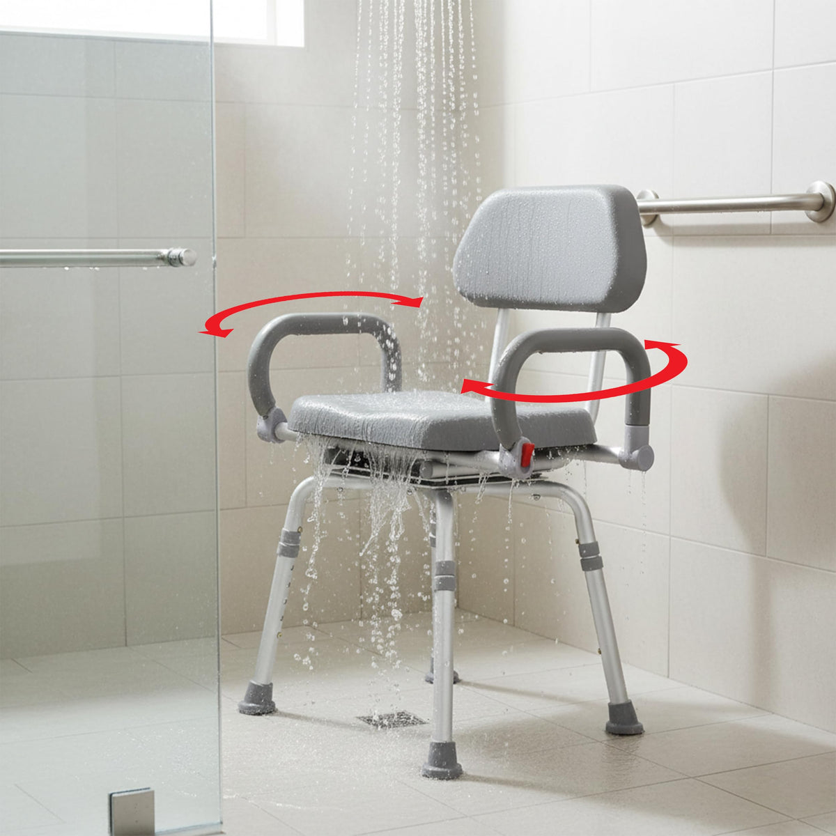 Gray Pivoting Shower Chair with Padded Back and Arms I87582