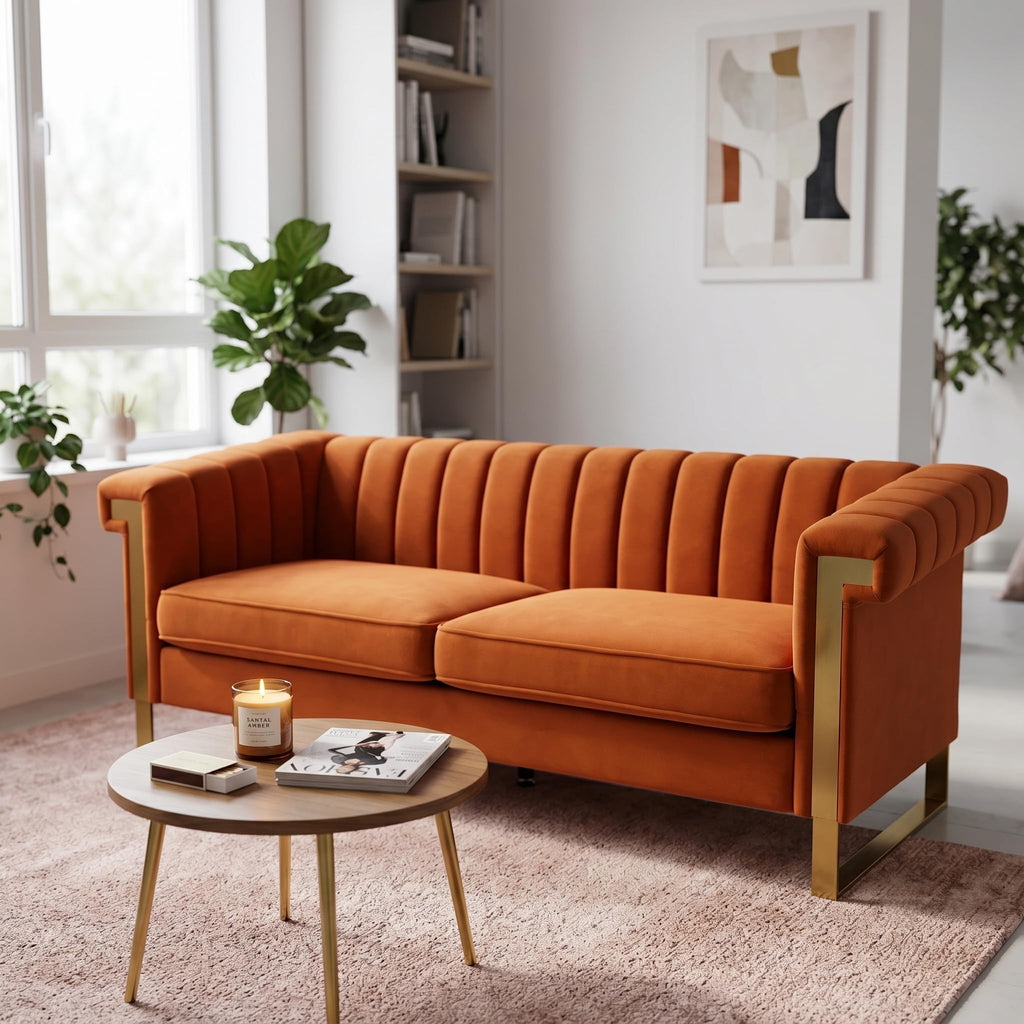 Orange Velvet Sofa with Gold Metal Legs K220