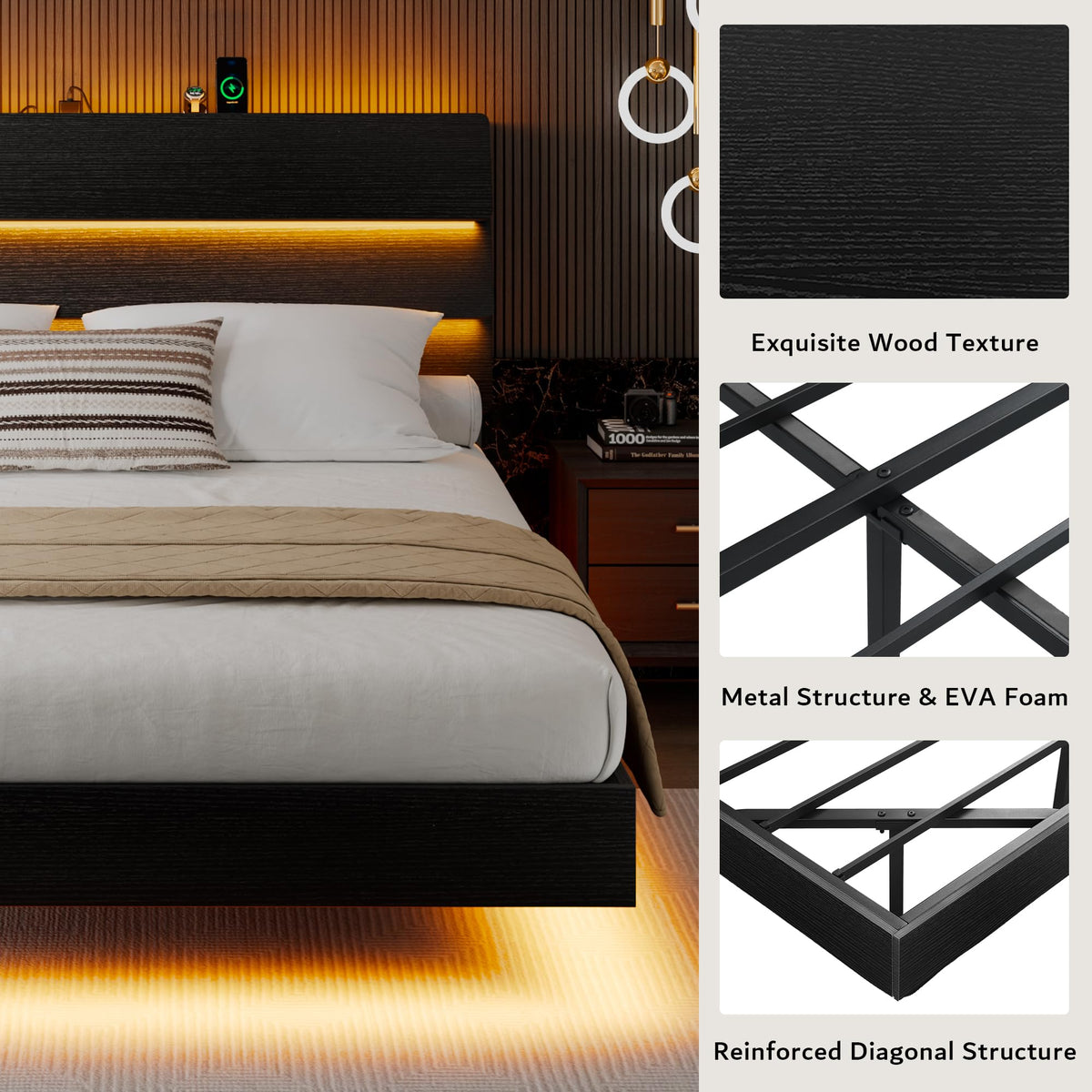 Queen Floating Bed Frame with LED Lights & Charging Station U636819