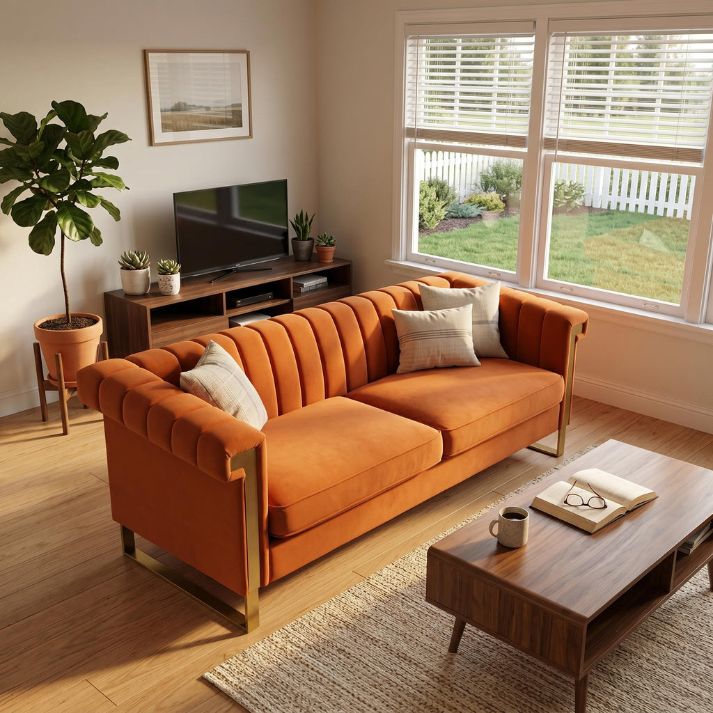 Orange Velvet Sofa with Gold Metal Legs K220