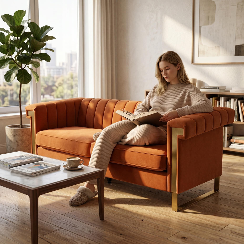 Orange Velvet Sofa with Gold Metal Legs K220