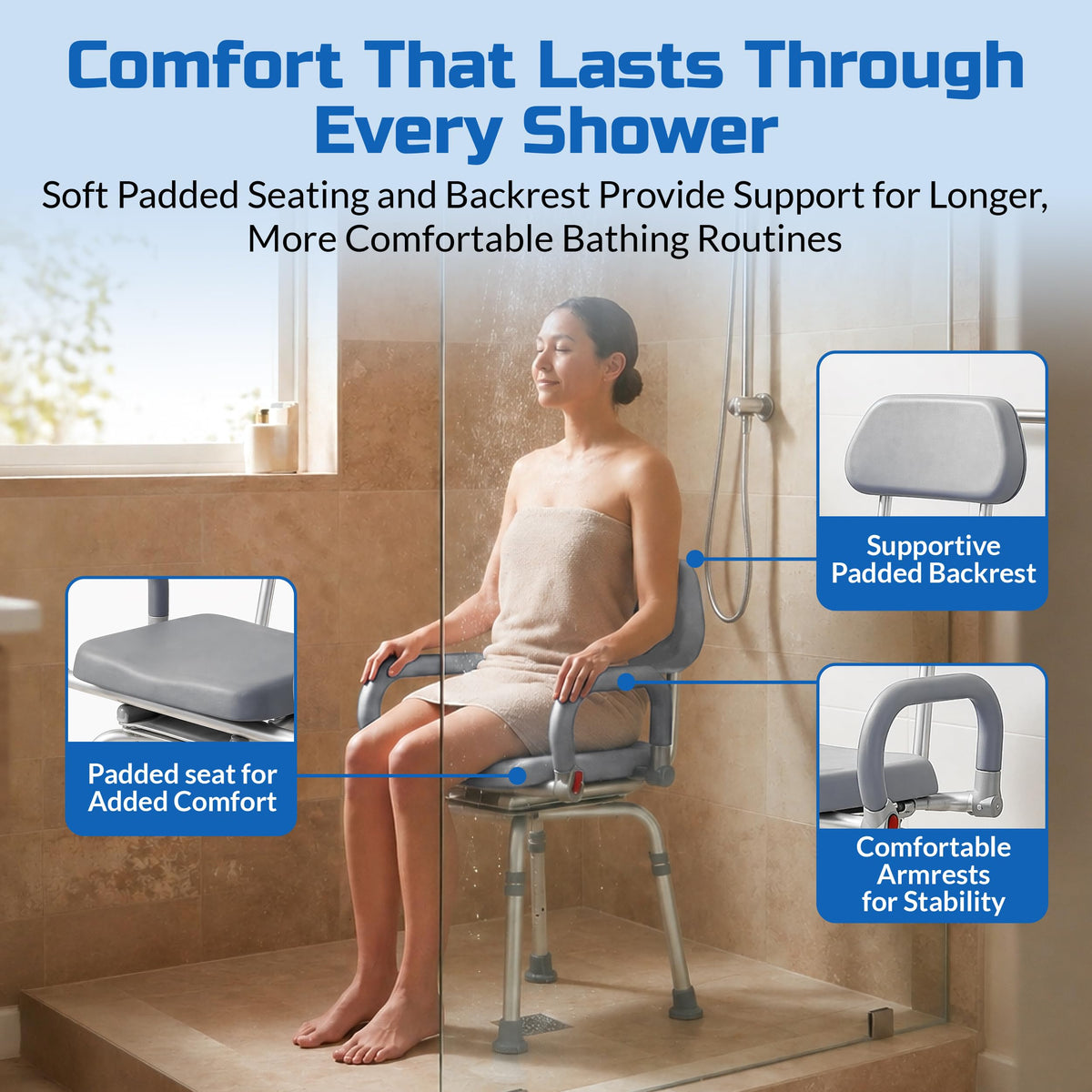 Gray Pivoting Shower Chair with Padded Back and Arms I87582