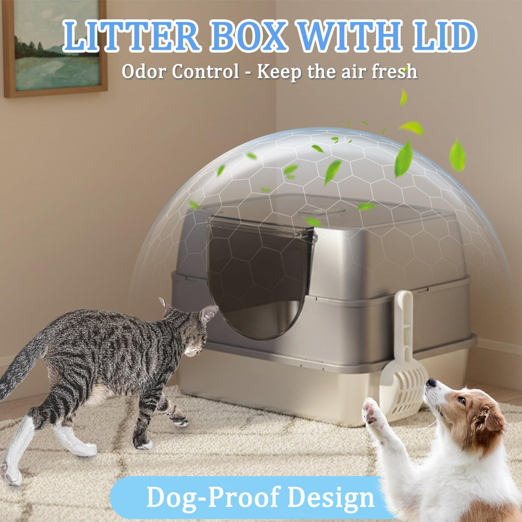 Stainless Steel Enclosed Cat Litter Box with Scoop & Mat X4190