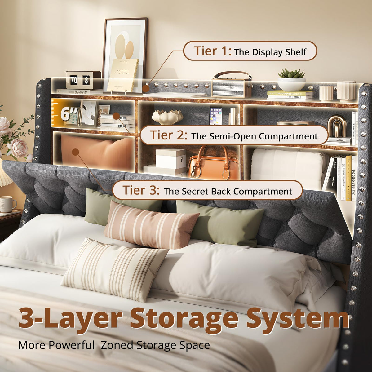 1000LBs Full Bed Frame with Hidden Storage, 2 Drawers and Charging Station Q46442