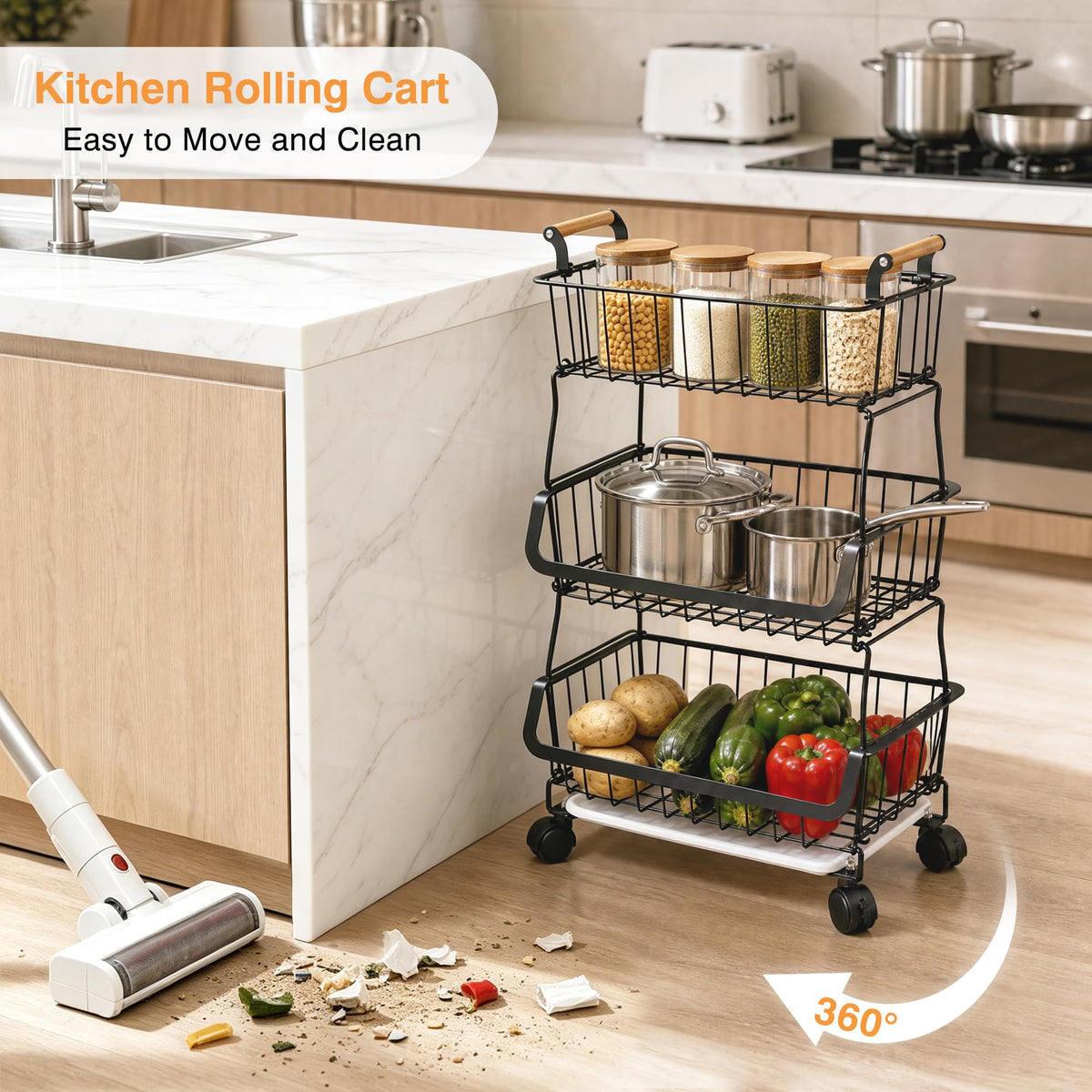 3-Tier Fruit Basket with Wheels V8021