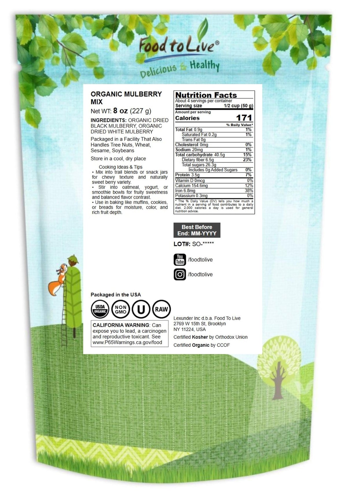 Organic Dried White and Black Mulberry Mix, 8 Ounces H854