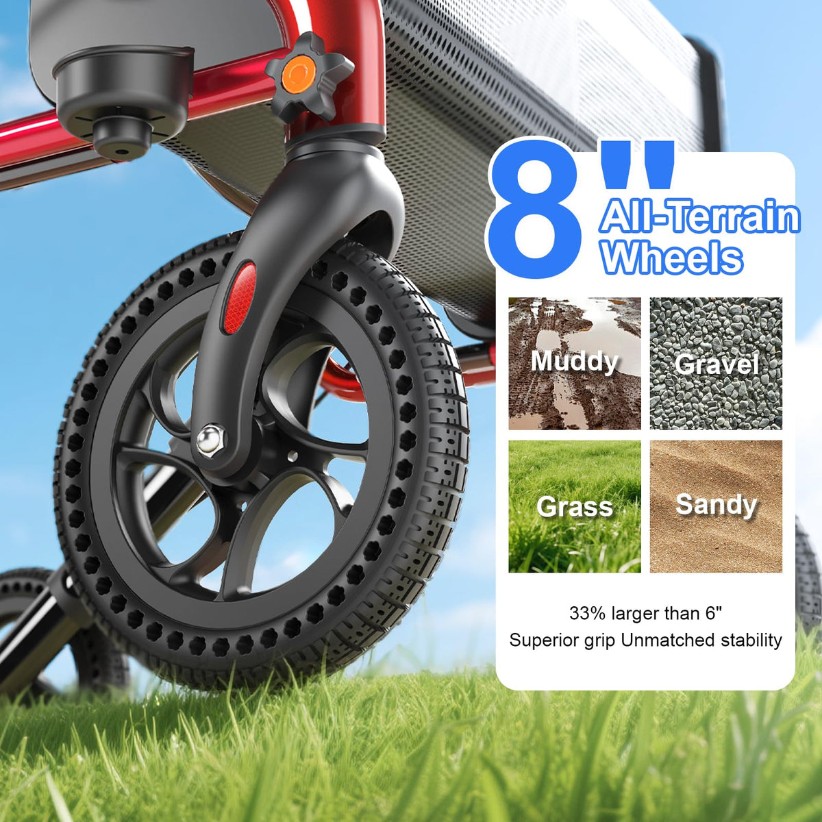 Red 8" All-Terrain Rollator Walker V8977