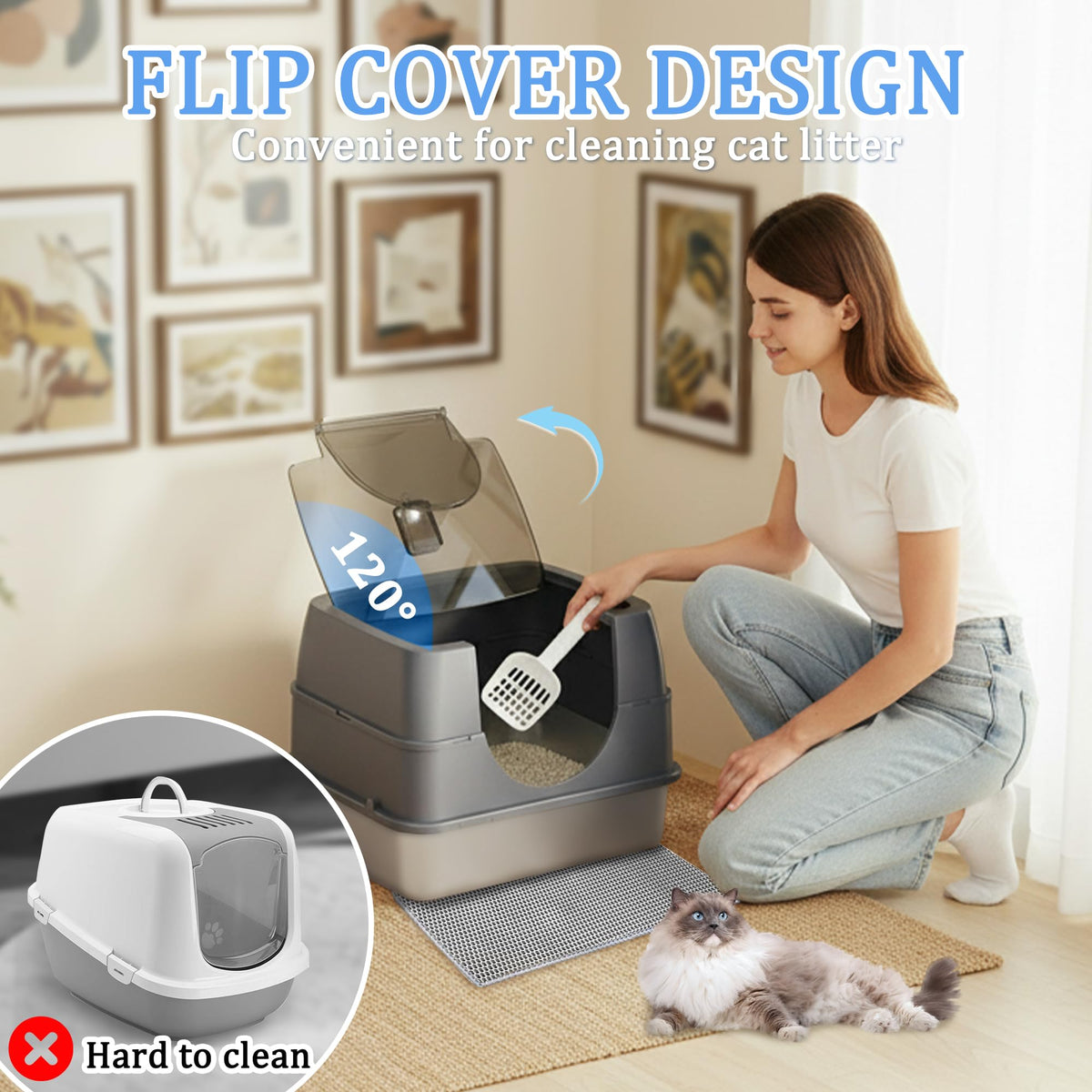 Stainless Steel Enclosed Cat Litter Box with Scoop & Mat X4190