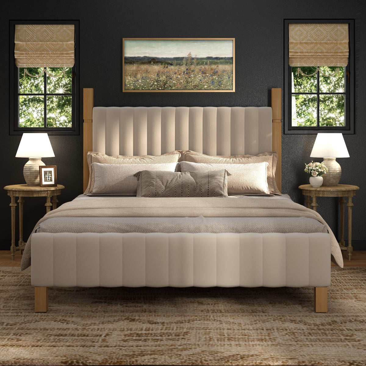 Queen Size Beige Linen Bed Frame with Headboard J535