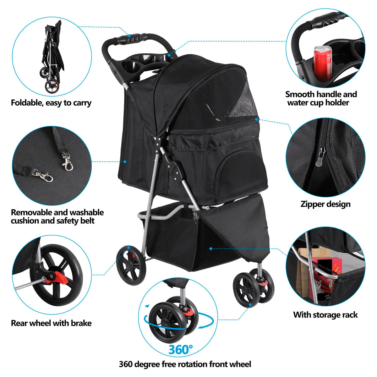 Foldable Pet Stroller with Weather Cover, Storage Basket and Cup Holder D31798