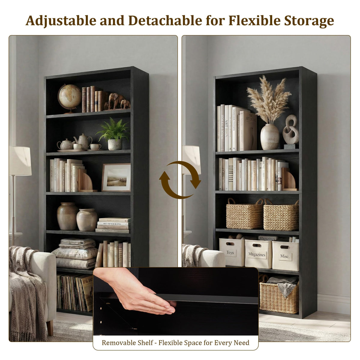 Black 6 Tier Adjustable Bookshelf Q46684