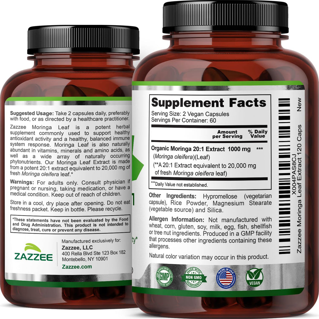 USDA Organic Moringa Leaf 20:1 Extract 120 Vegan Capsules W471