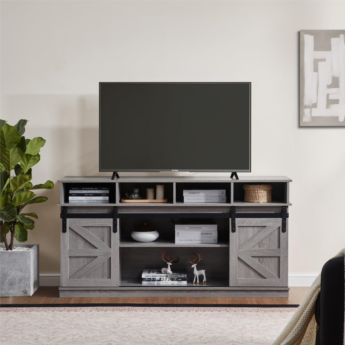 58" Grey Wood TV Stand with Sliding Barn Doors Q33925