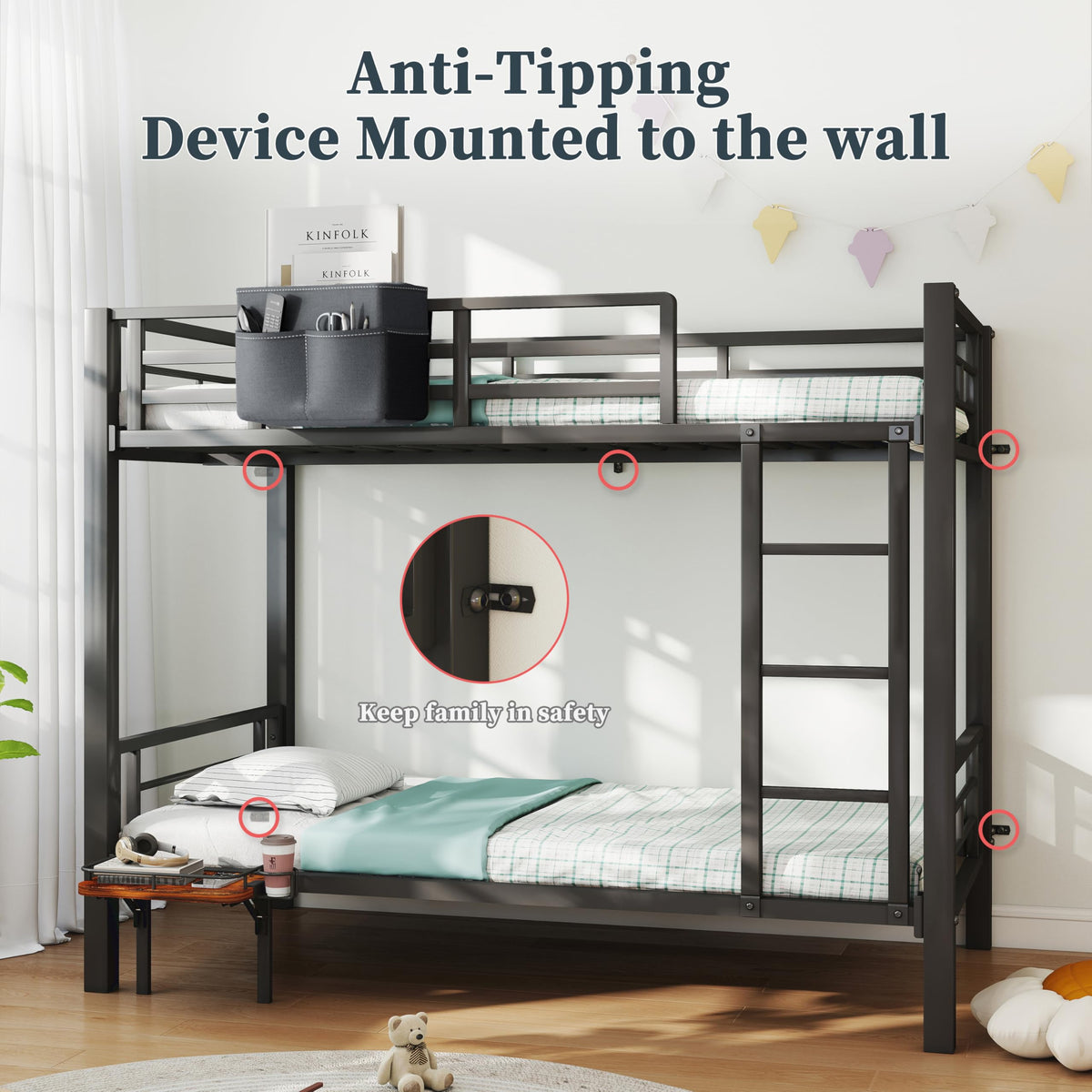 Twin Over Twin Heavy Duty Metal Bunk Bed with Guardrail J64708