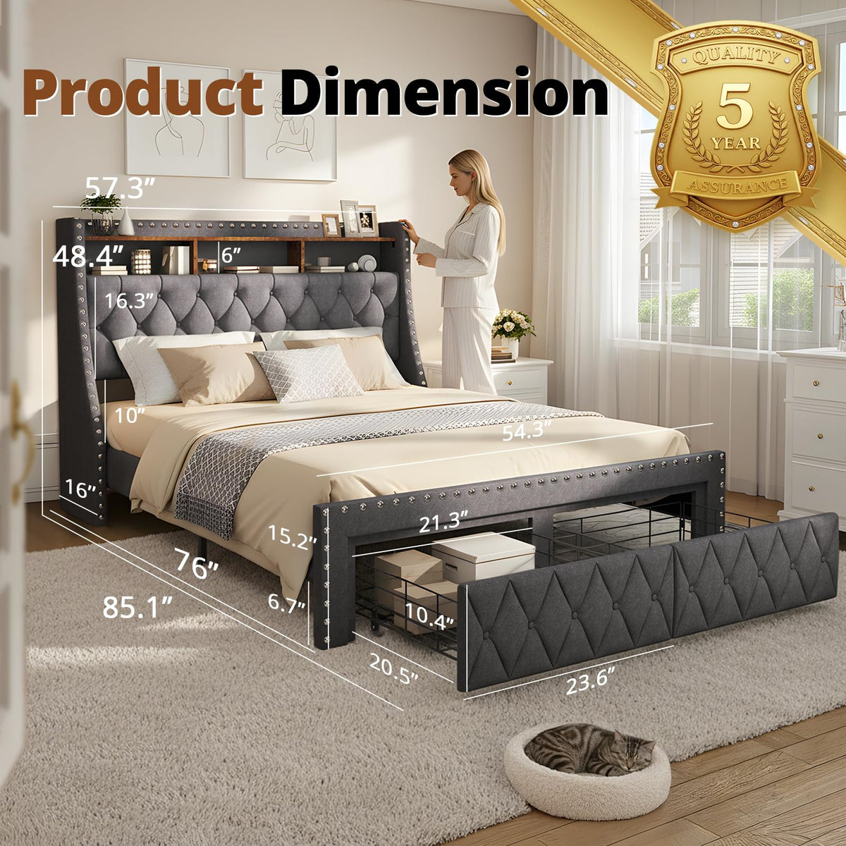 1000LBs Full Bed Frame with Hidden Storage, 2 Drawers and Charging Station Q46442