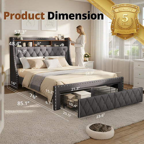 1000LBs Full Bed Frame with Hidden Storage, 2 Drawers and Charging Station Q46442