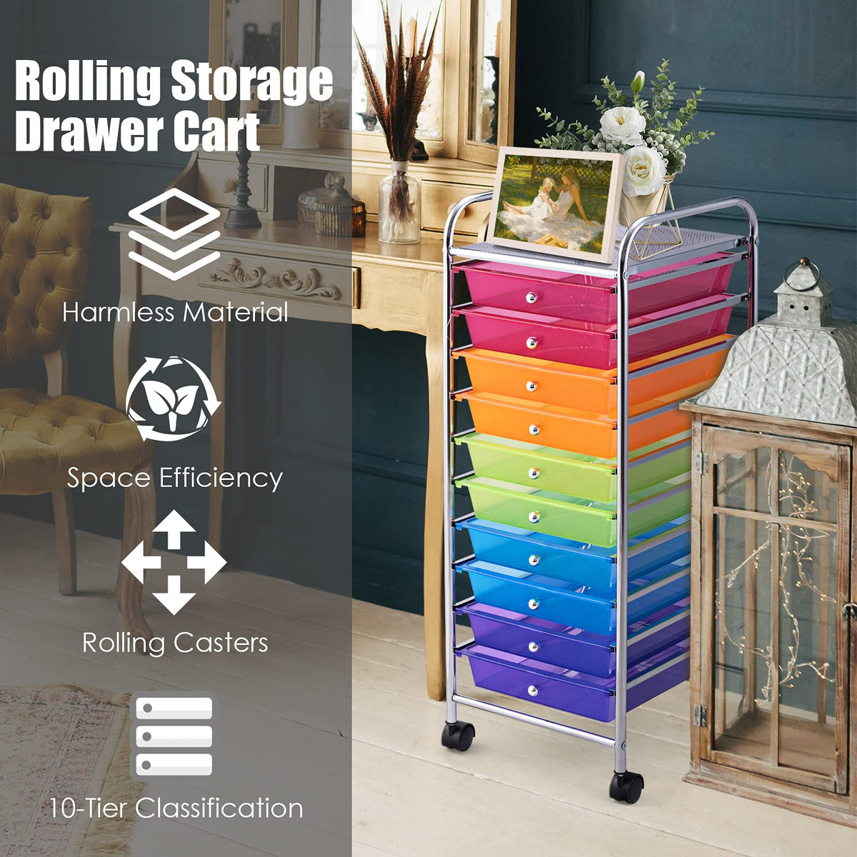 10 Drawer Multicolor Rolling Storage Cart I19787