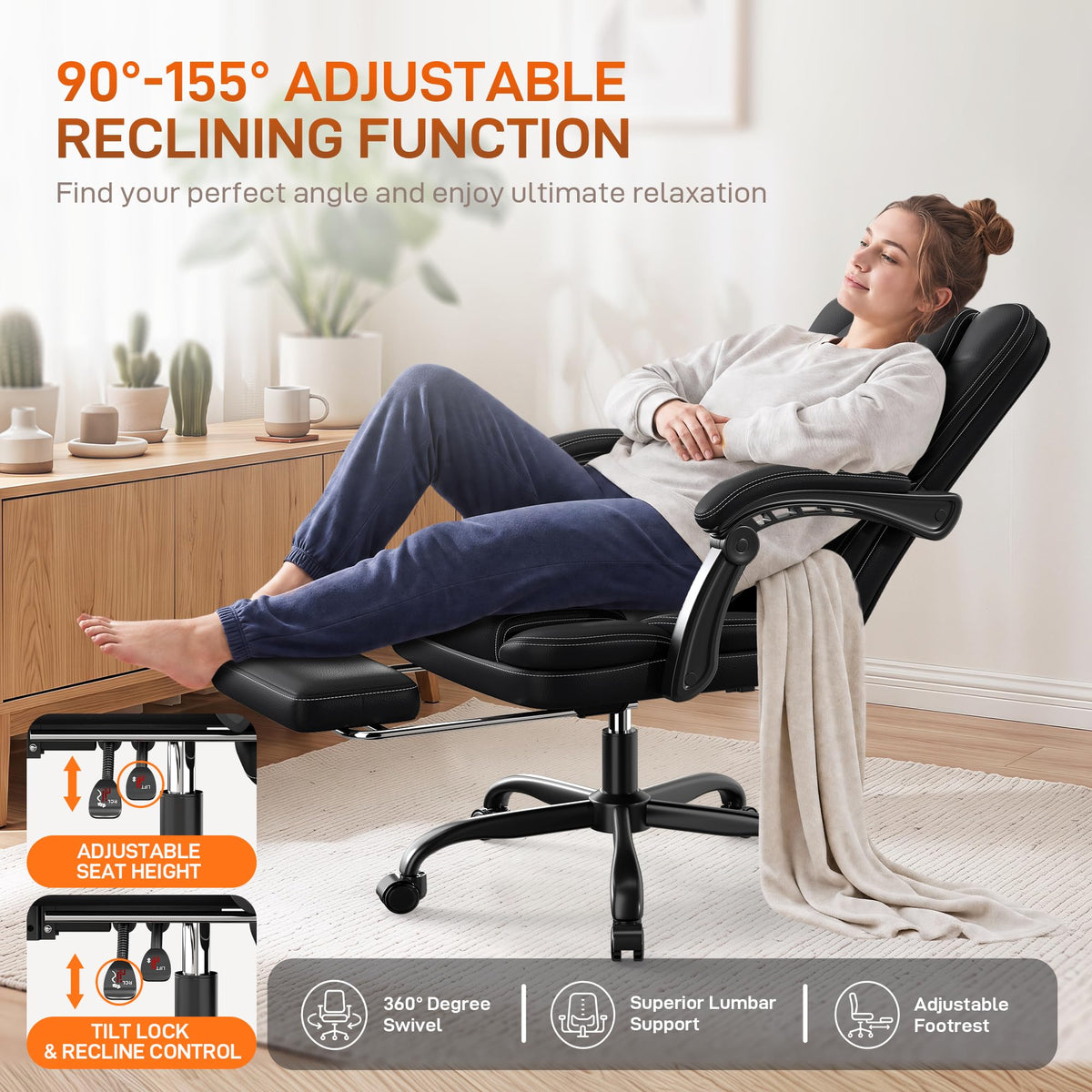 Black Ergonomic Office Chair with Foot Rest J276