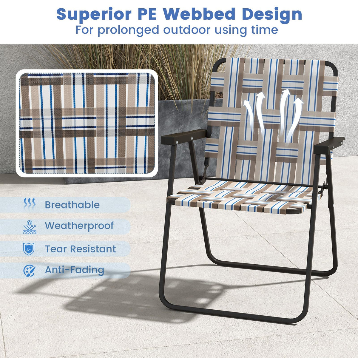 Folding Lawn Chairs Set of 6 Webbed Seat Heavy Duty Metal Frame F491397