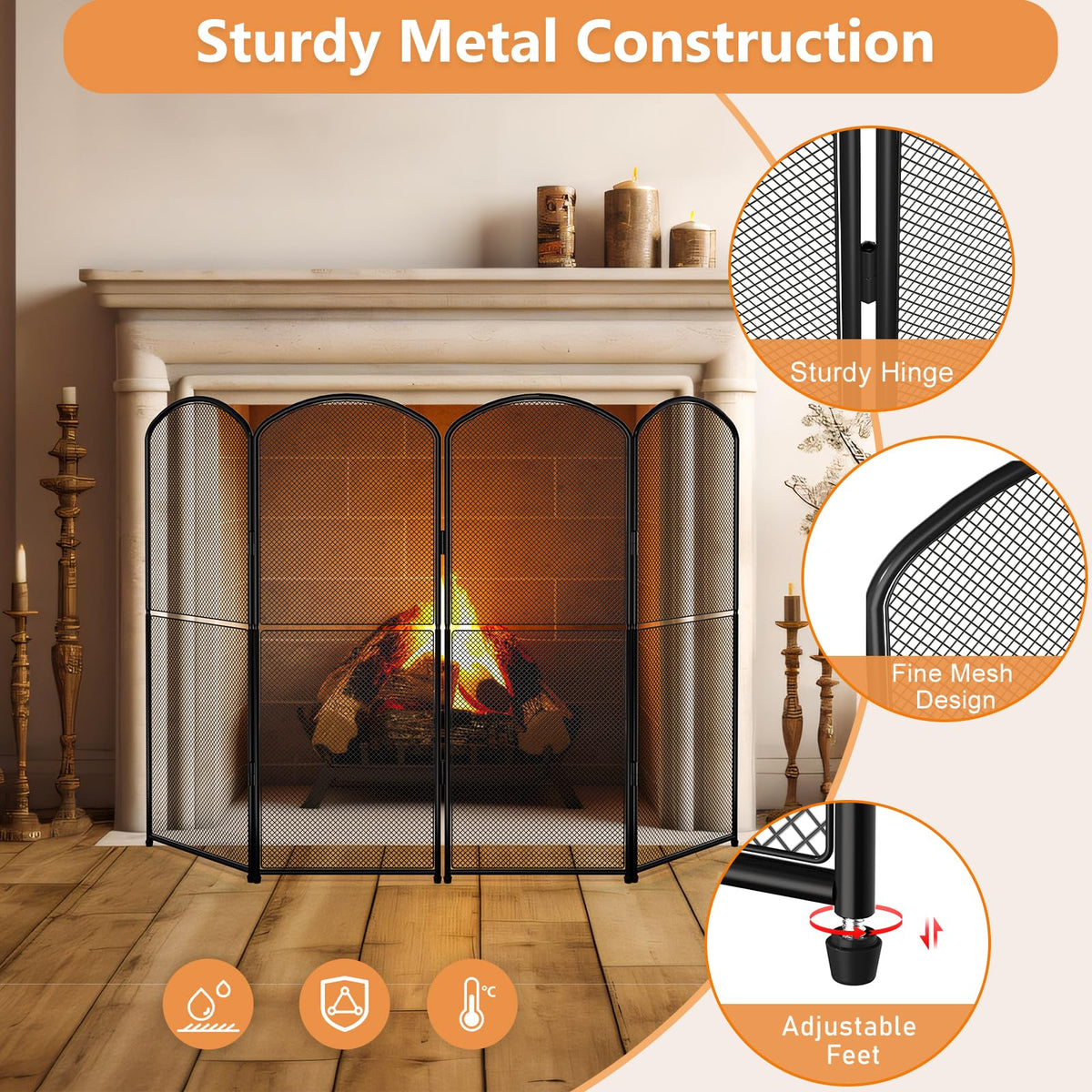 Black Foldable Fireplace Screen W497