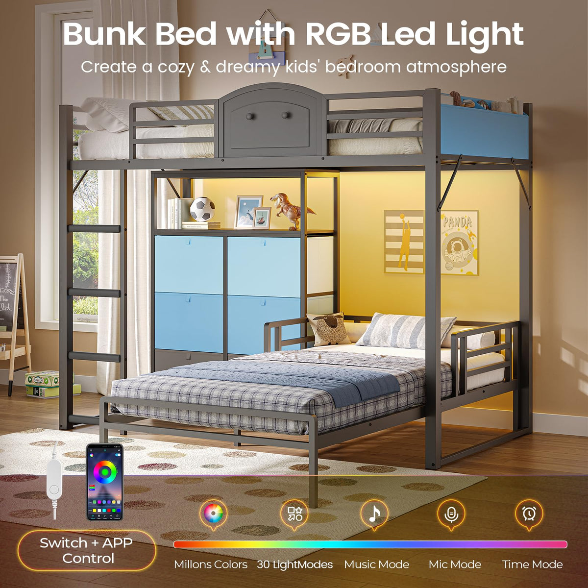 Twin Over Twin Metal Bunk Bed with 6 Storage Drawers S8084