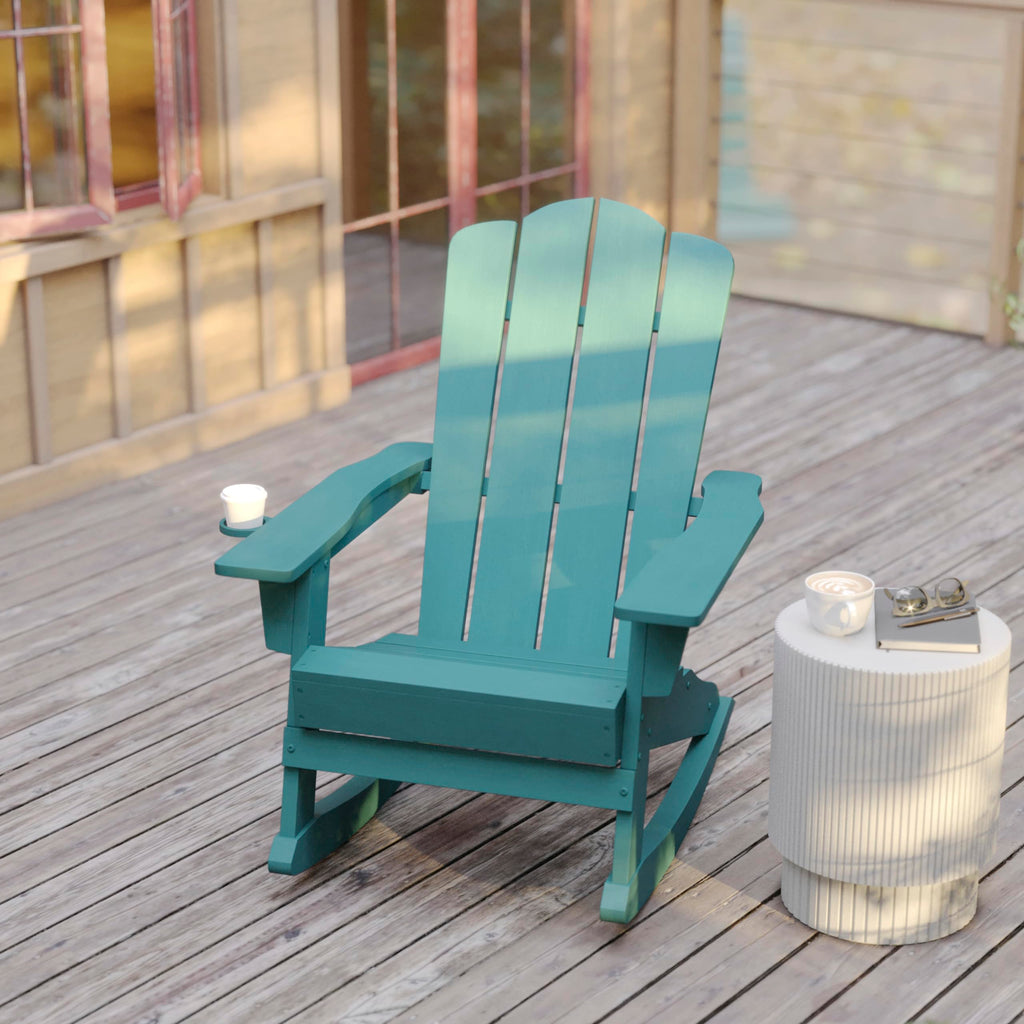 Blue HDPE Adirondack Rocking Chair with Cup Holder I876149