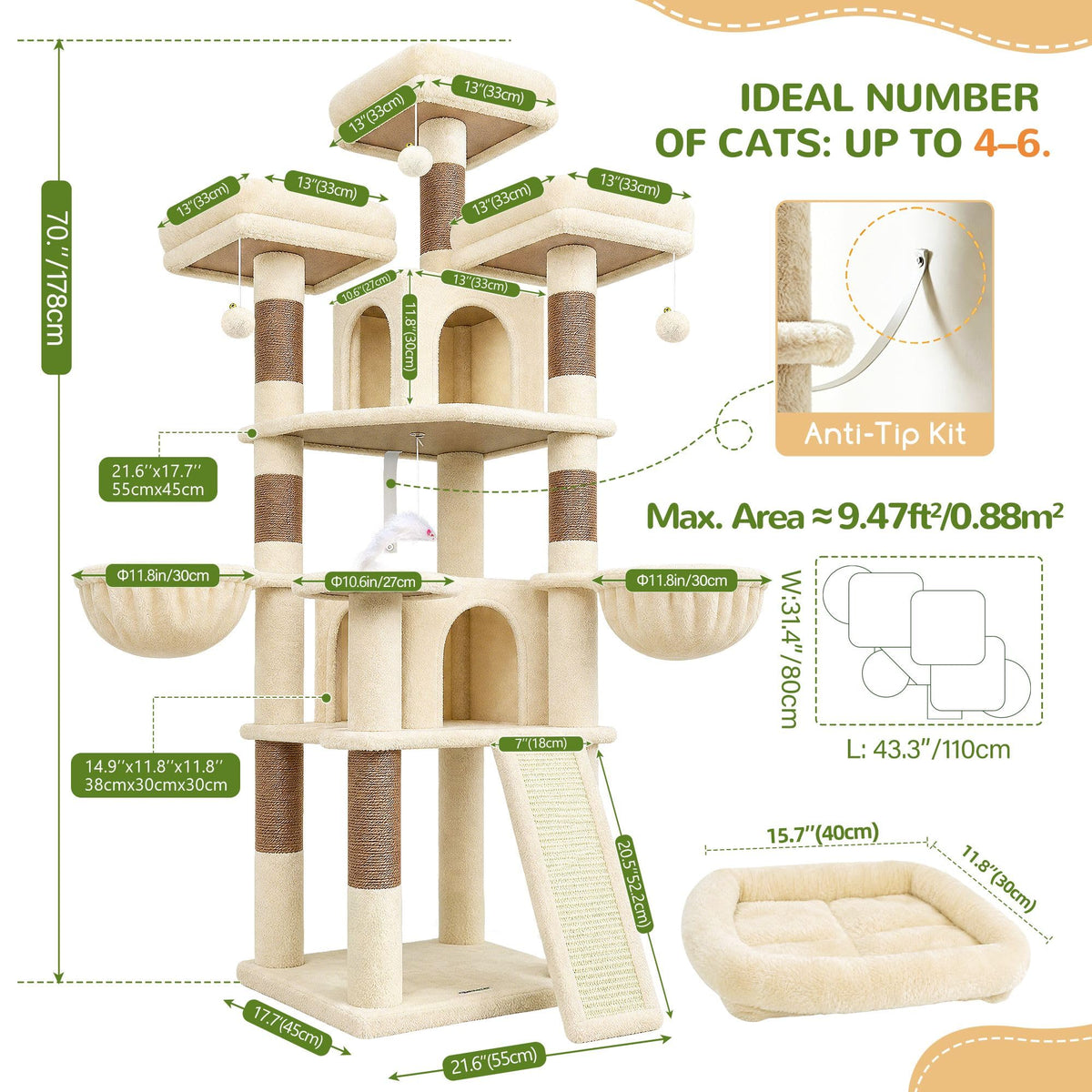 70 Inch Beige Cat Tower with Scratching Post X74385