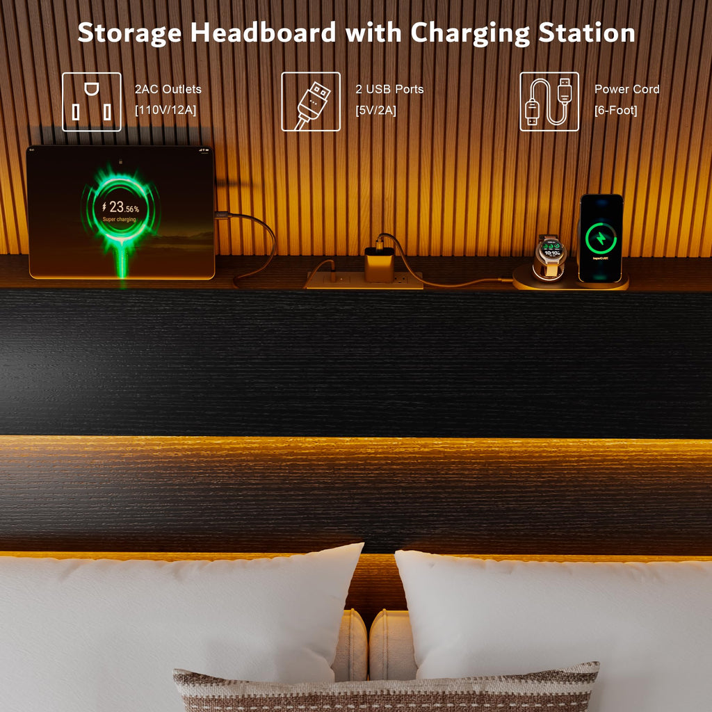 Queen Floating Bed Frame with LED Lights & Charging Station U636819
