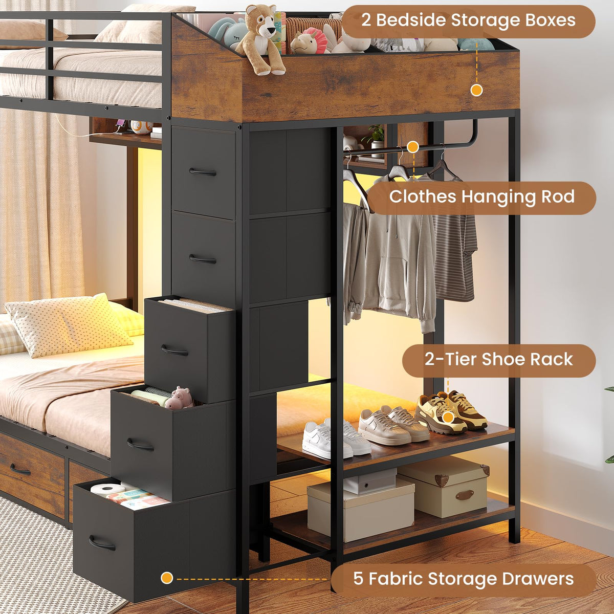 Twin Over Twin Bunk Bed with 8 Storage Drawers and Power Outlets, LED Metal Bunk Bed with Ladder, Black Q797310