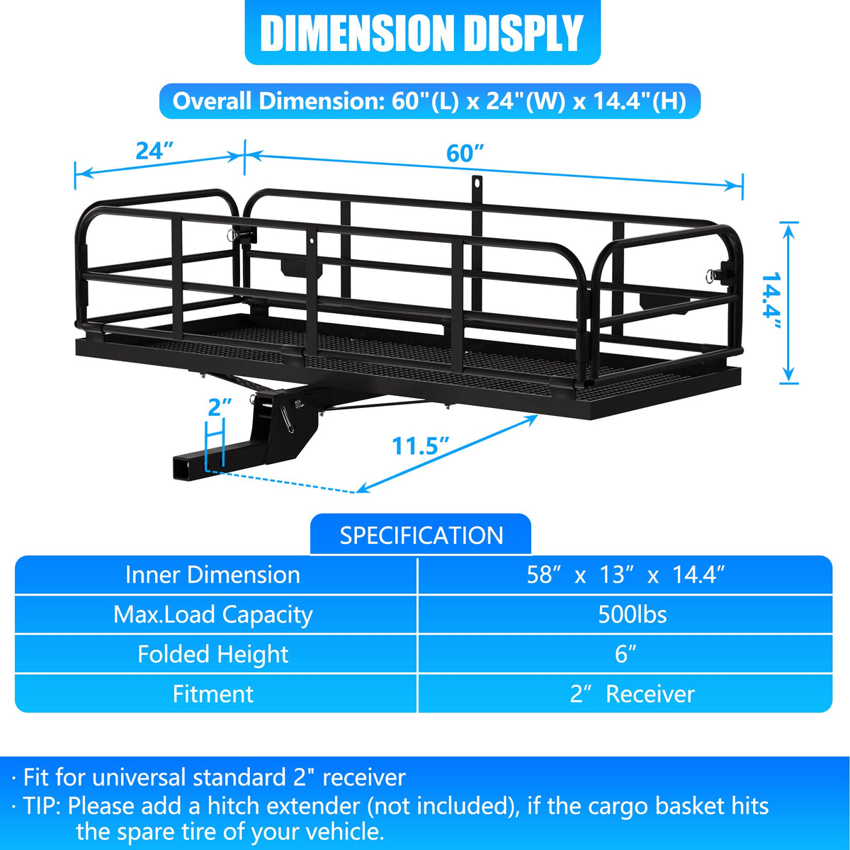 500 Lbs Heavy Duty Hitch Mount Cargo Carrier 60"x24"x14.4" Folding C48662