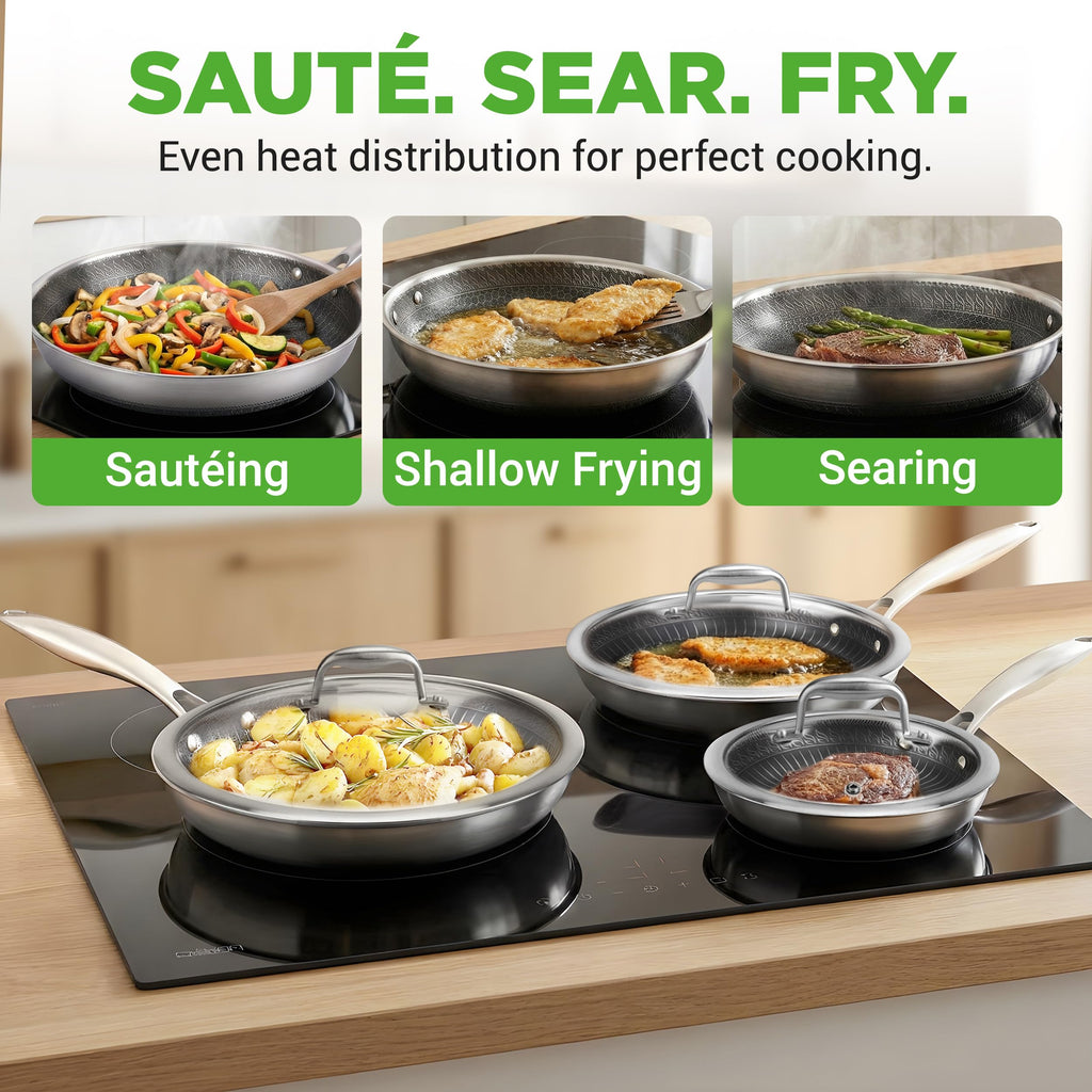 7-Piece Tri-Ply Stainless Steel Frying Pan Set & Wok O6084