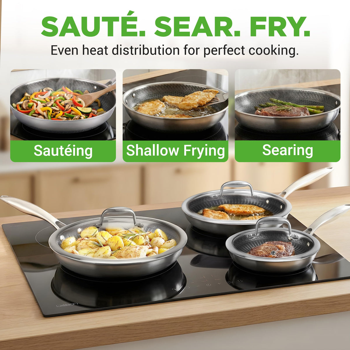 7-Piece Tri-Ply Stainless Steel Frying Pan Set & Wok O6084