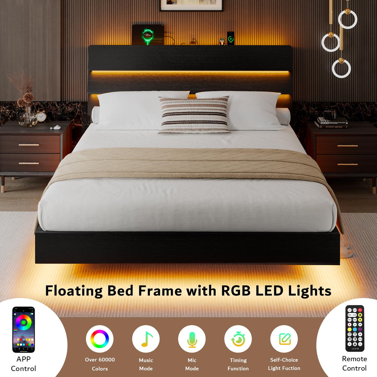 Queen Floating Bed Frame with LED Lights & Charging Station U636819