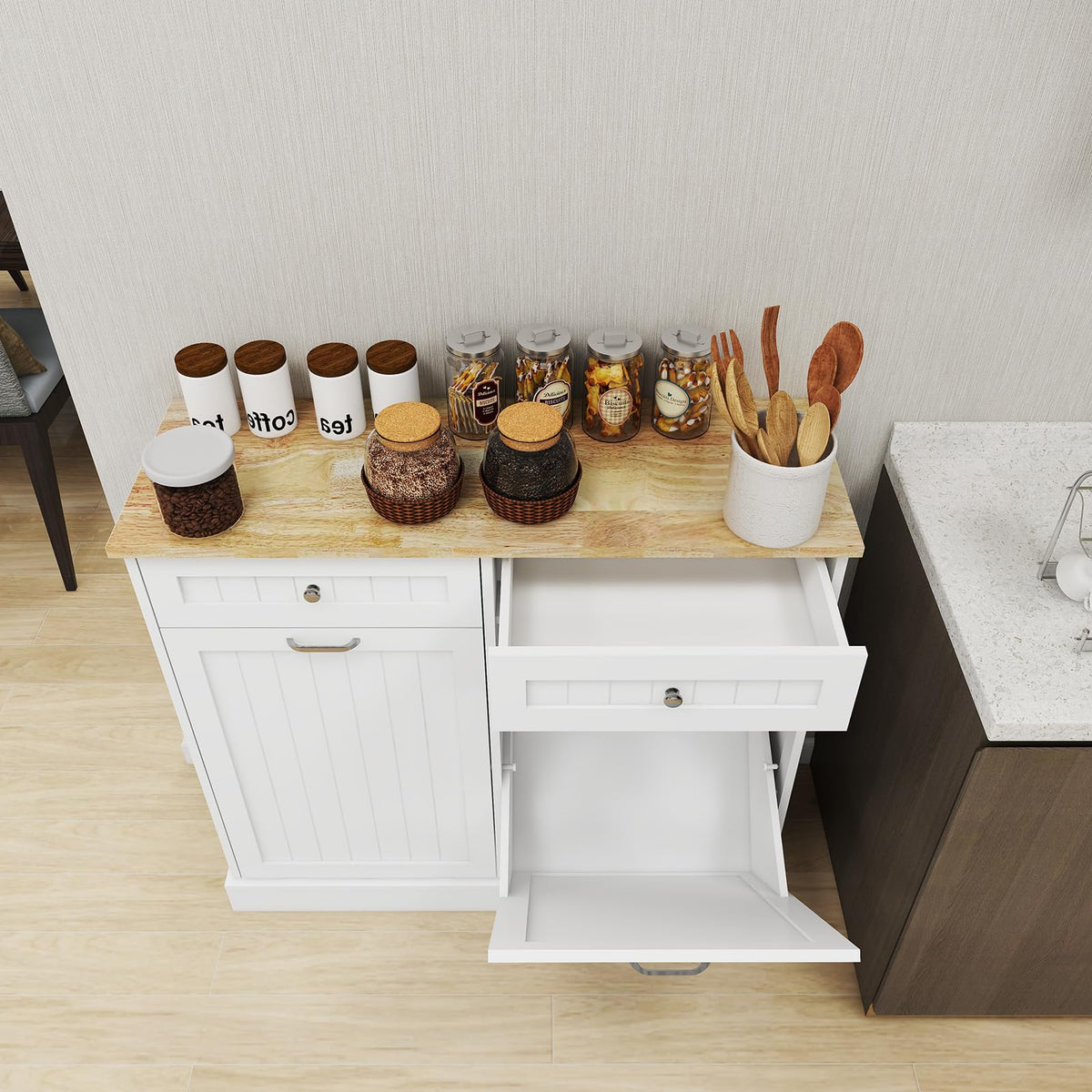 White Double Tilt Out Trash Cabinet with 2 Drawers B7798