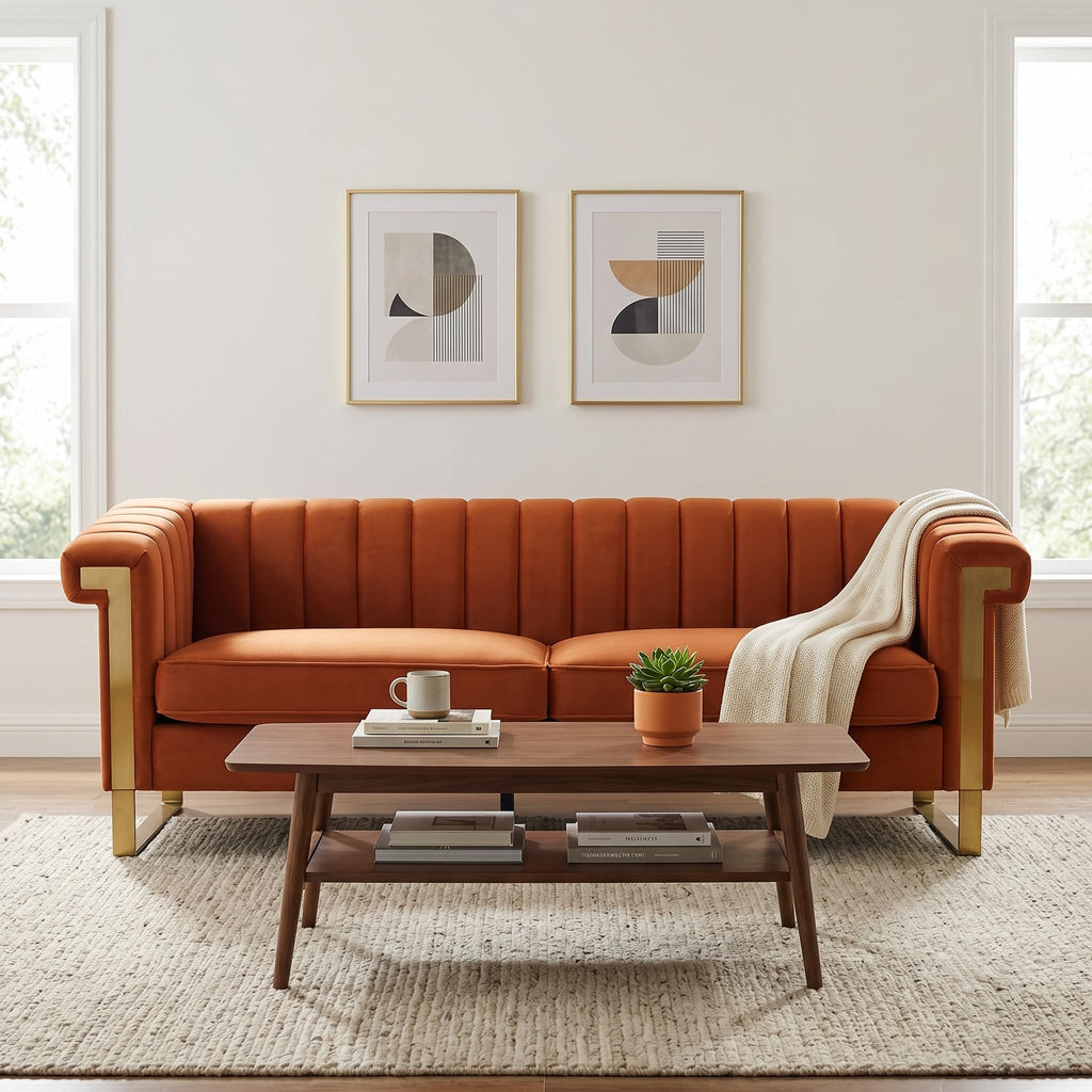 Orange Velvet Sofa with Gold Metal Legs K220