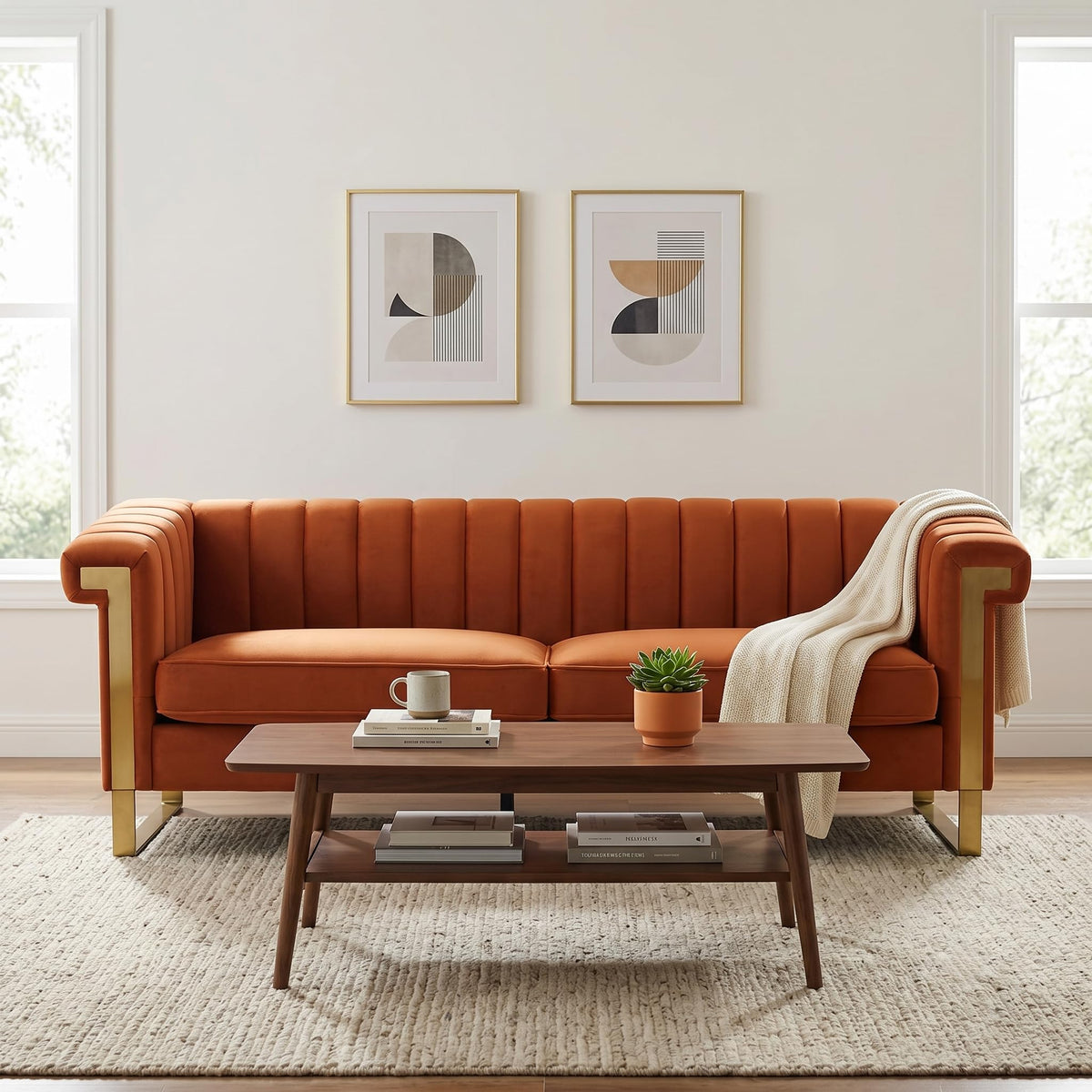 Orange Velvet Sofa with Gold Metal Legs K220